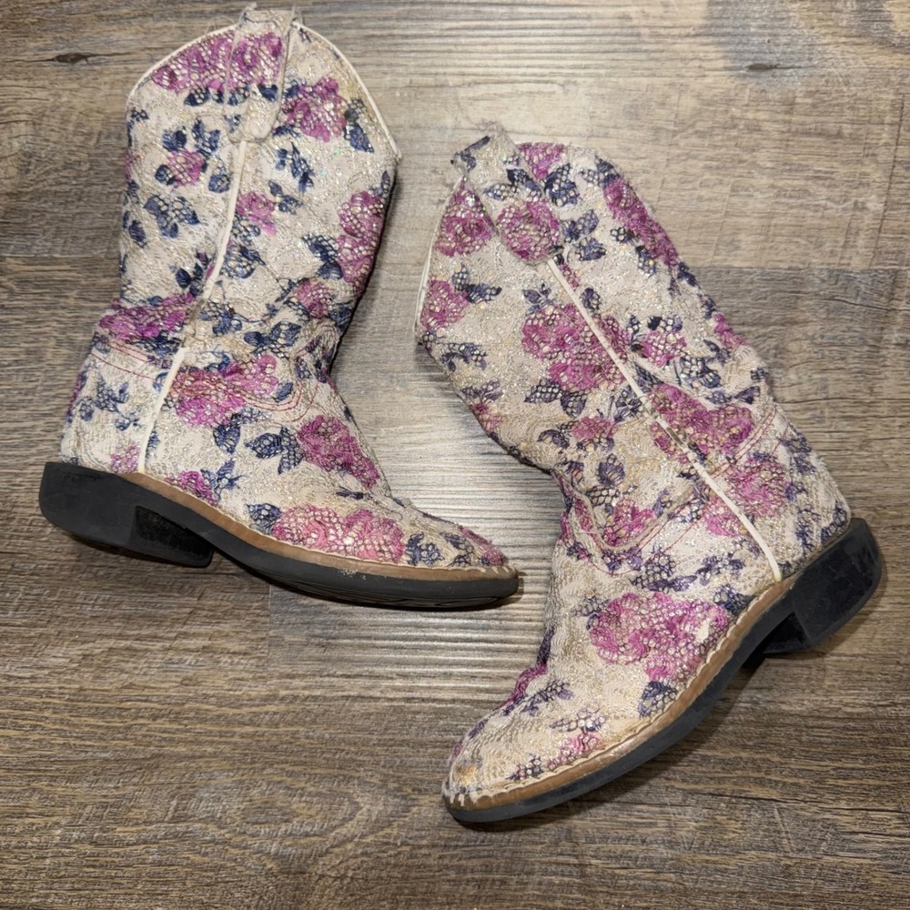 Old West Girls Cowboy Boots Size 9 Floral Sparkle Glitter Western VB9151 Cowgirl